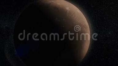 火星动画。 外层空间的火星，围绕其轴线旋转，背景中有恒星